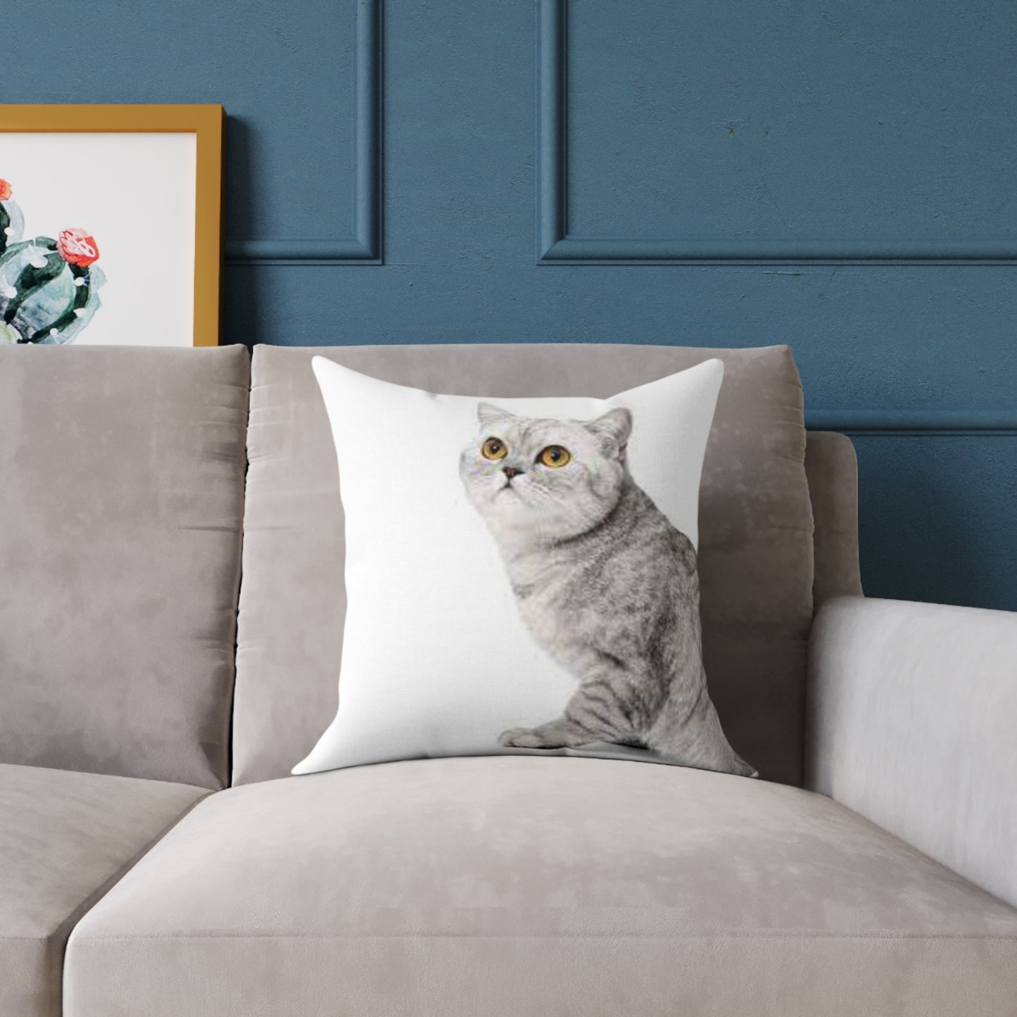 Custom Gray Cat Square Poly Canvas Pillow - Perfect for Pet Lovers