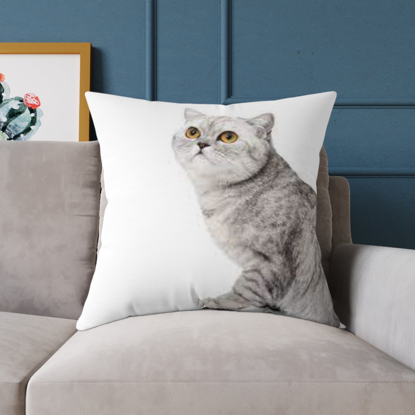 Custom Gray Cat Square Poly Canvas Pillow - Perfect for Pet Lovers