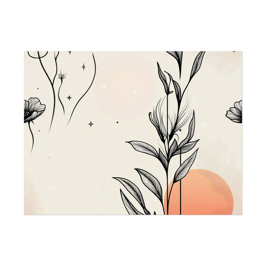 Botanical Wall Art Poster - Minimalist Floral Design with Sunset